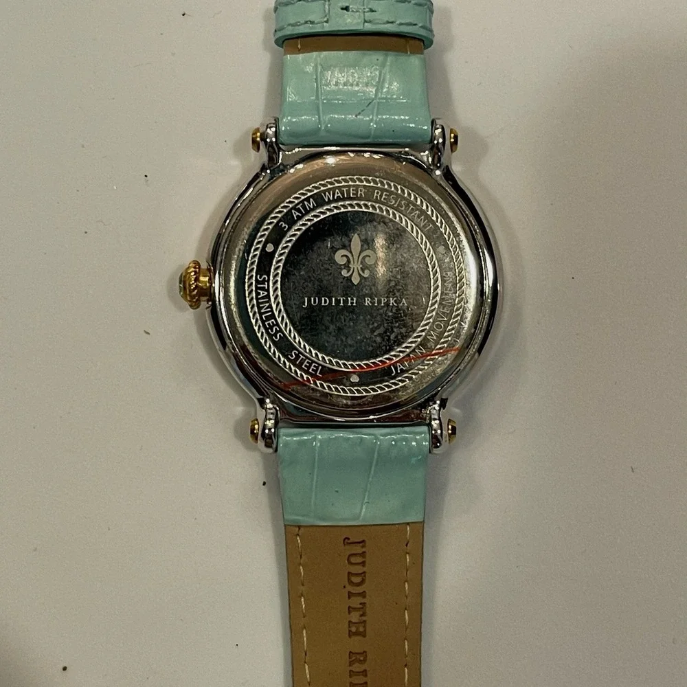 Judith Ripka Turquoise Dial Gold Tone Rope Bezel Croco Leather Strap Watch
